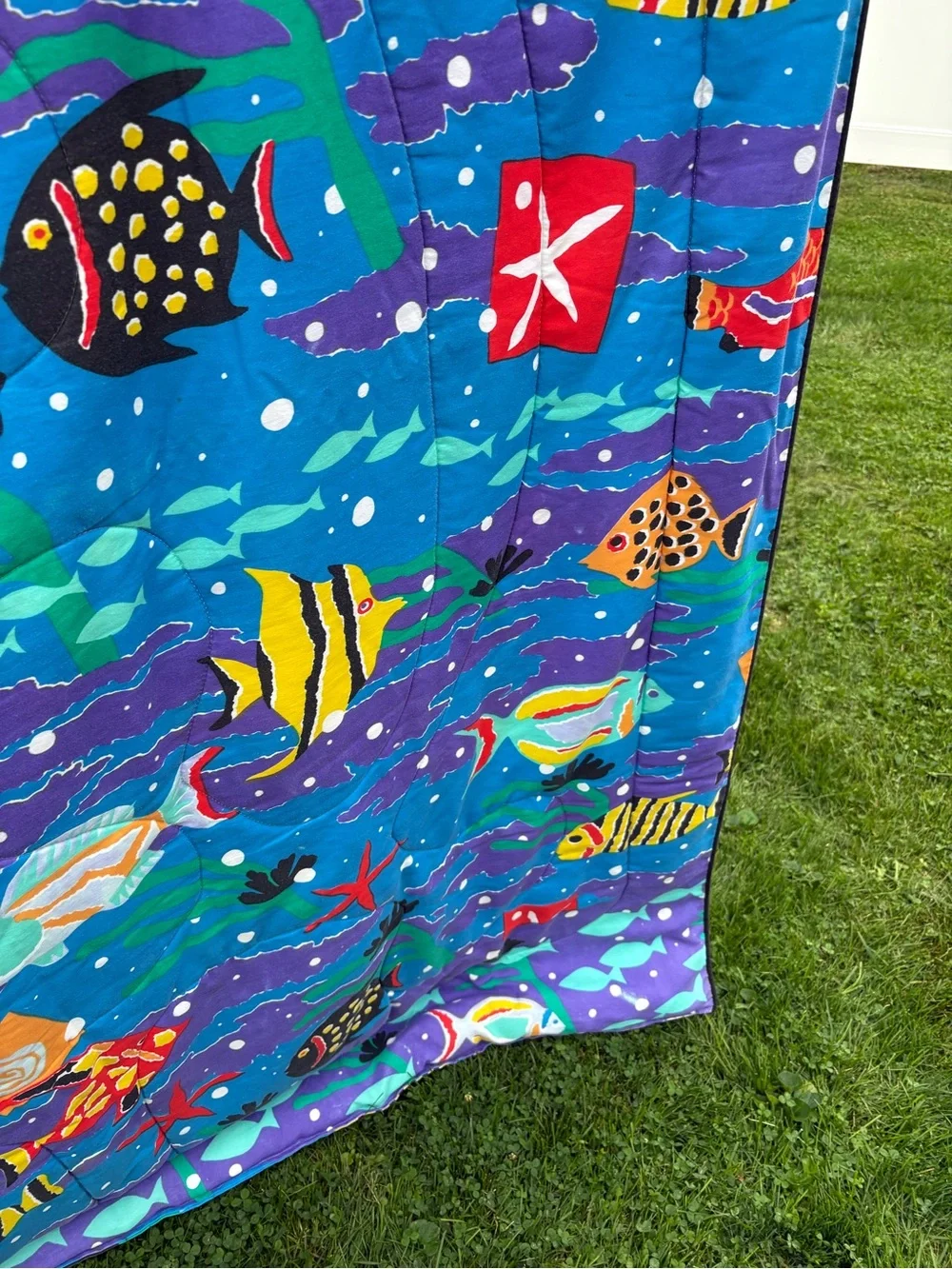 Vintage 1986 Vibrant Blue Tropical Fish Comforter by Cheryl Johnson